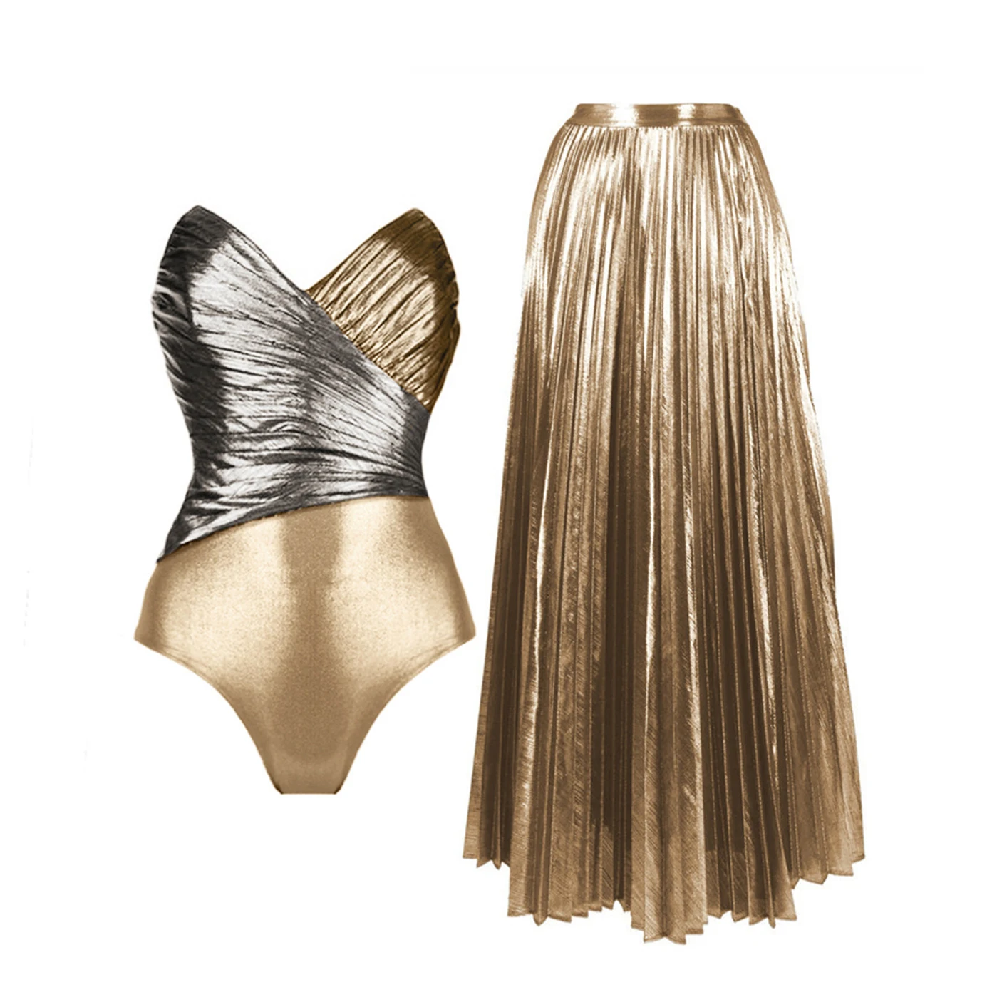 2026 Gold Glossy One Piece Swimsuit and Skirt for Women One Shoulder 3D Flower Swimwear Female Shiny Monokini Beach Bathing Suit