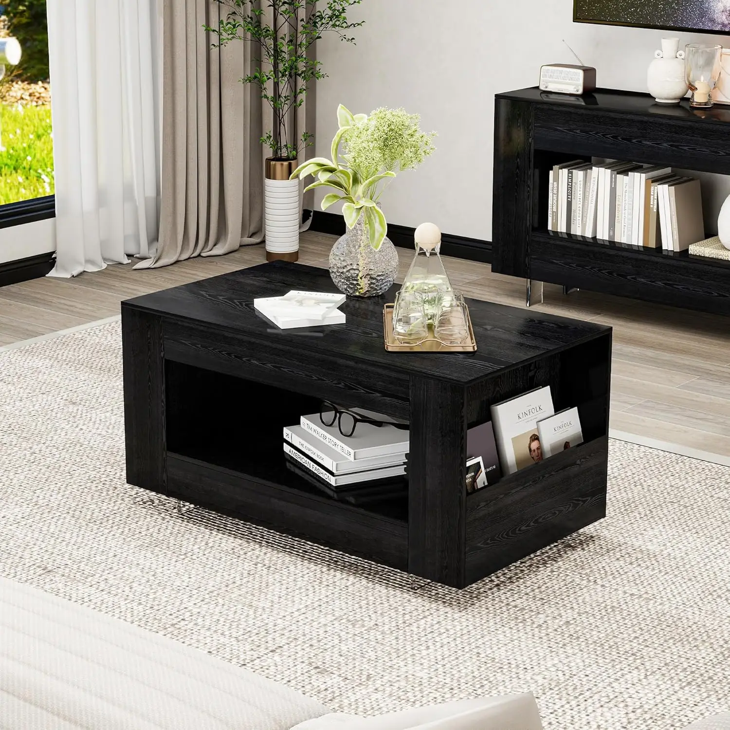 

39" Wood Coffee Table Transparent Legs 2-Tier Storage Shelf Minimalist Modern Living Room Home Office Apartment, Customized