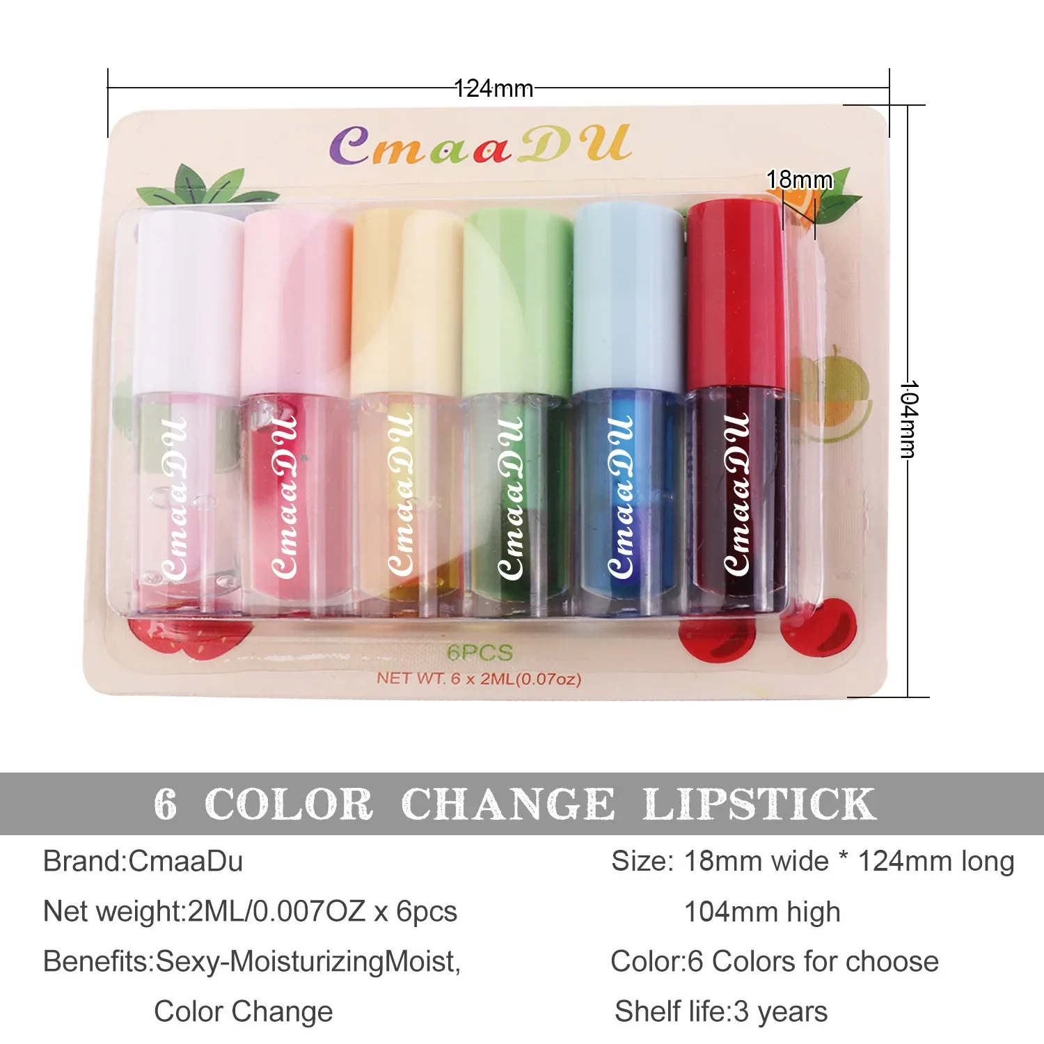 CmaaDu 6Pcs based balm lips moisture Conditioner Fruit Lip Gloss Set  Clear Transparent Lipstick Lip Oil Hydrating Lip Gloss