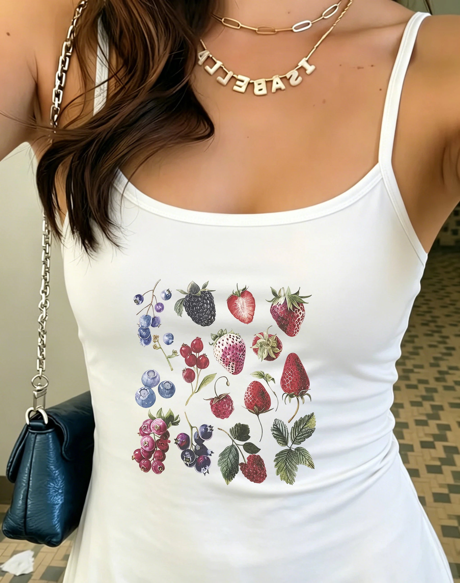 Lovely Blueberry Tank Blouse Womens Summer Sleeveless Spaghetti Strap Camisole Casual Slender Top with Raspberry Painting
