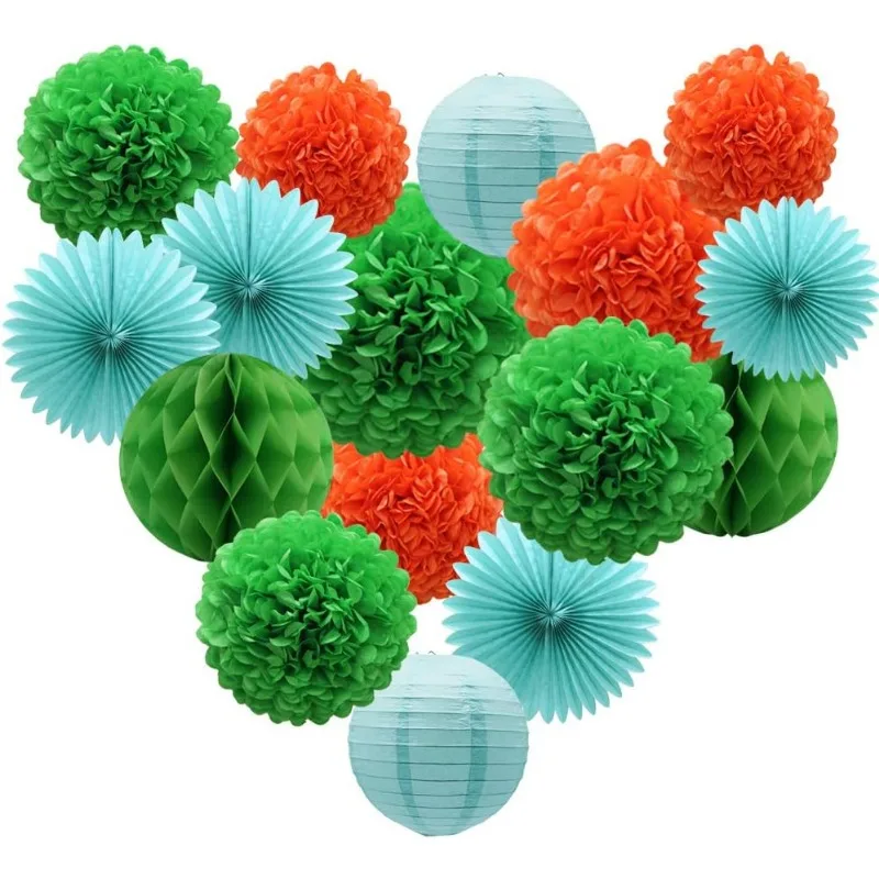 

Blue Green Orange Party Decoration 16pcs Paper Pom Poms Honeycomb Balls Lanterns Tissue Fans for Birthday Wedding Party Supplies