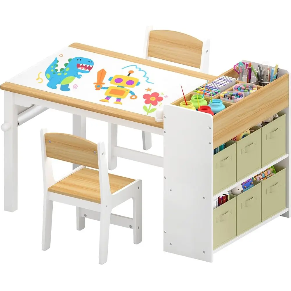 

Kids Art Table and Chair Set, Crat and Play Wood Activity Table with Storage Bins and Paper Roll, Toddler Desk or Playroom/Nurse