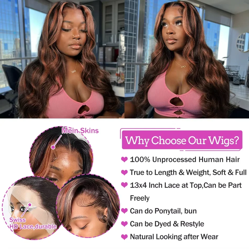 Perruque Lace Front Wig Body Wave Brésilienne Naturelle, Cheveux Humains, 13x4, 1B/30, 13x6, à Reflets Ombrés, Couleur Noir et Marron, HD, pour Femme