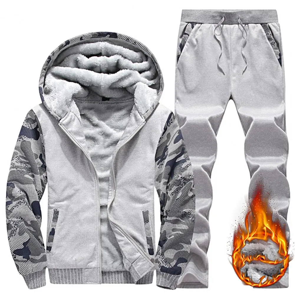 Men\'s Winter Jacket Set Male Tracksuit Fleece Lining Camouflage Print Sweatshirt Pants Down Jacket Man Casual Jacket Pants Set