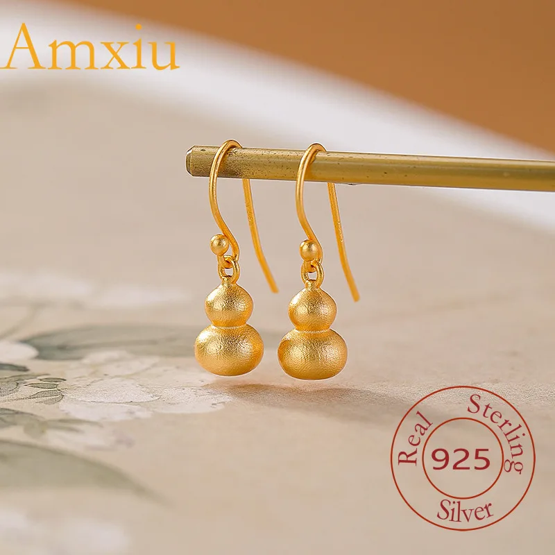 Amxiu Sterling Silver 925  Gold-Plated Ancient Matte Gourd Simple National Trend New Chinese Style Ear Hook Earrings