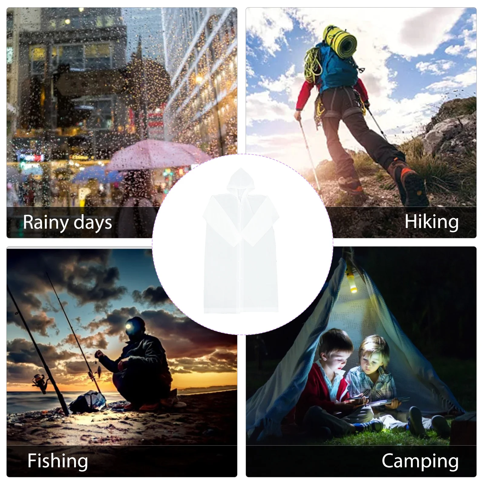 

Adult Long Hooded Raincoat White Portable Waterproof Breathable Lightweight for Outdoor Travel Hiking Fishing Camping