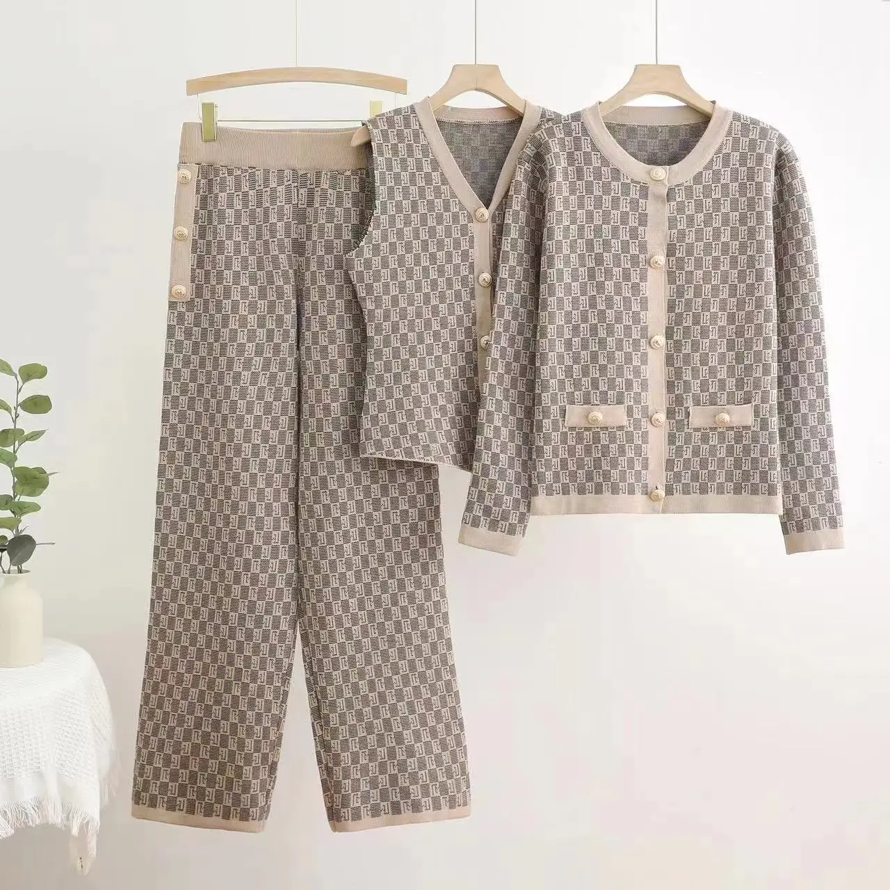 Spring and Summer Fashion New Button Versatile Slimming and Wide Leg Trend V-neck Vest Cardigan Knitted Three Piece Set