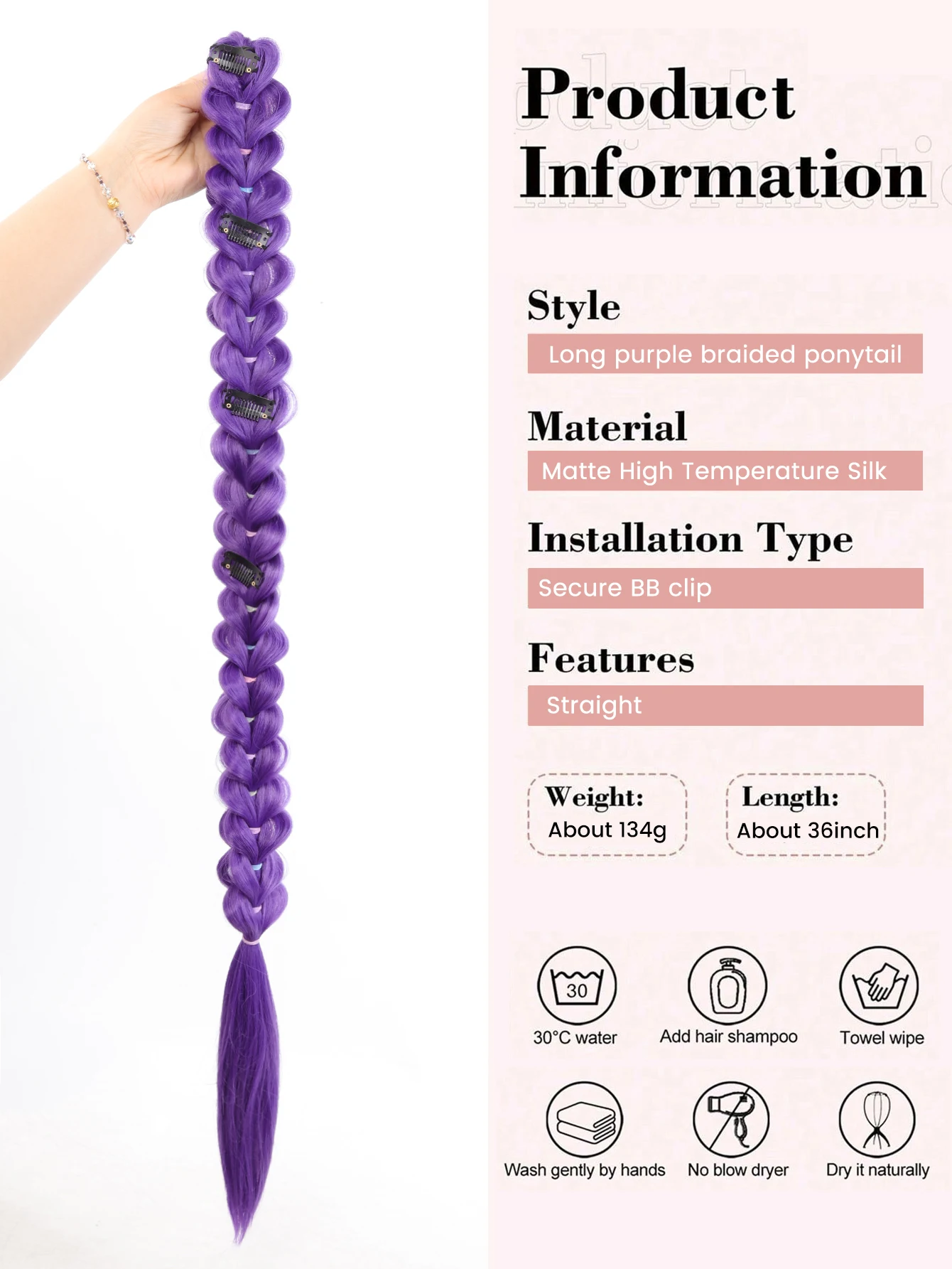 Synthetic 35Inch Long Ponytail with Clips Braided Purple Hair Ponytail Rumi Costume Hairstyle for Kids Girls Halloween Christmas