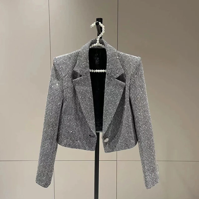 Vintage Cropped Blazers Women French Light Luxury Sequins Elegant Suit Jacket Long Sleeve Office Lady Striped Casual Short Coats