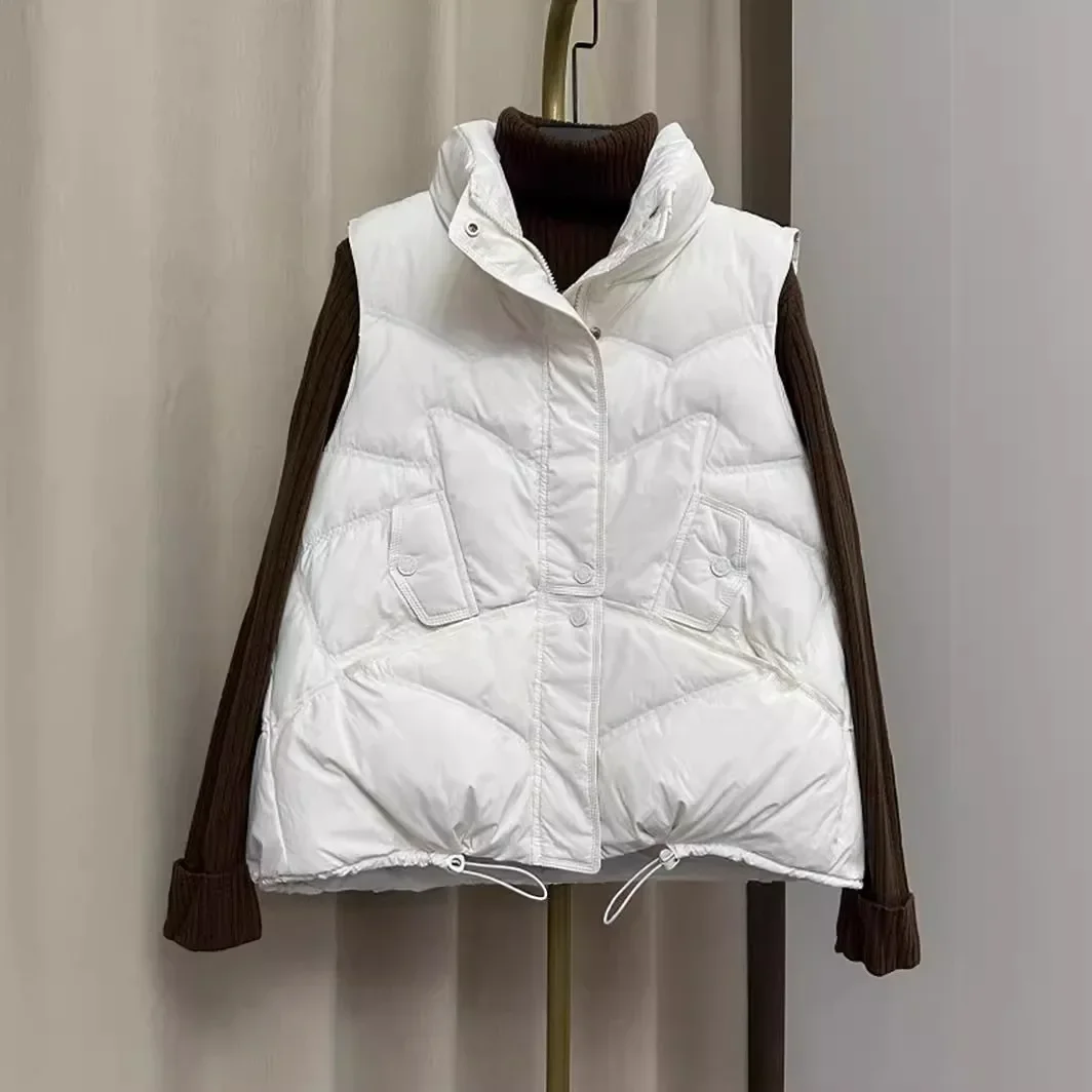 

2025 European Fashion Autumn/Winter New Women's Down Vest Windproof Stand Collar Commuter White Duck Down Vest