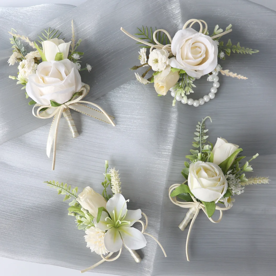 

YeeNanee 6pcs Ivory Corsage and Boutonniere Set Men’s Prom Suit Flower Rose Wristlet Corsage for Wedding Homecoming Decoration