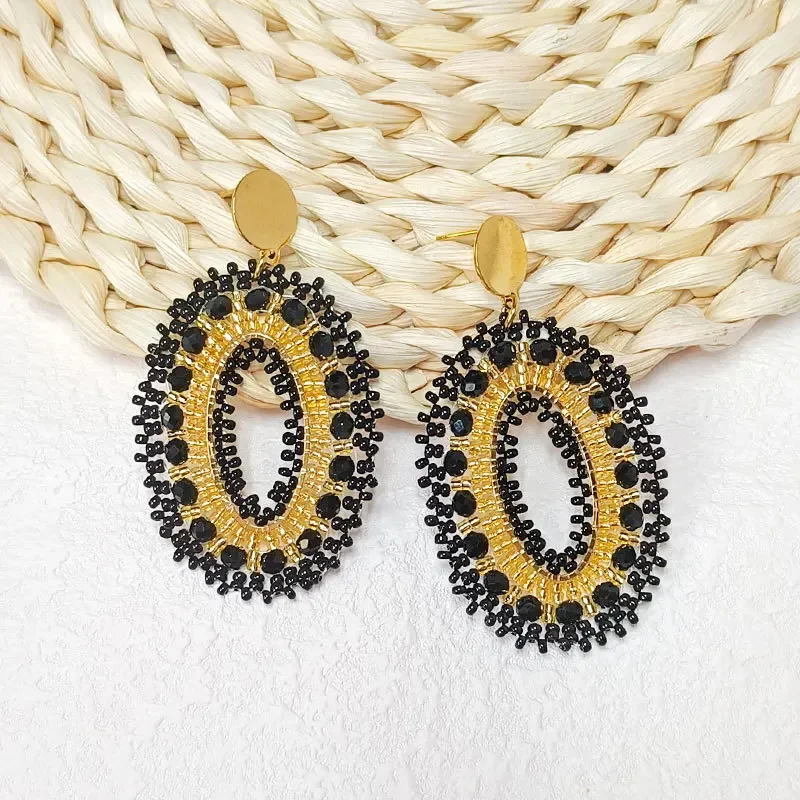 2025 Handmade Bead Earring Ellipse Crystal Black Originality Hand Knitting Bohemia Geometry Beaded Earrings for Women