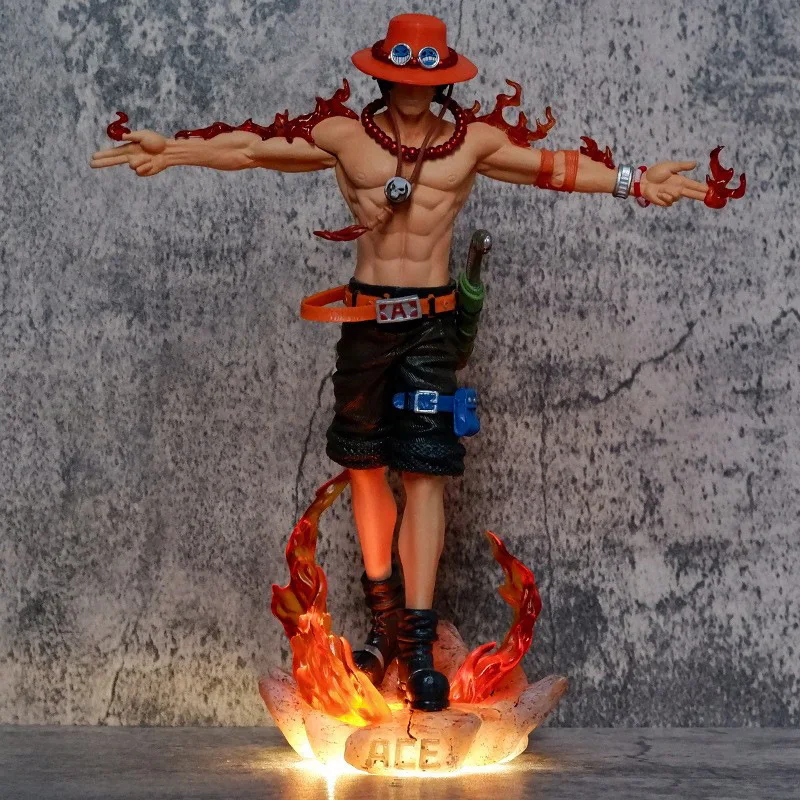 One Piece Gk 27cm Lx Three Brothers Arm Cross Ace Hand-Made Model Doll Ace Base Luminous Ornaments Animation Surrounding Gifts.