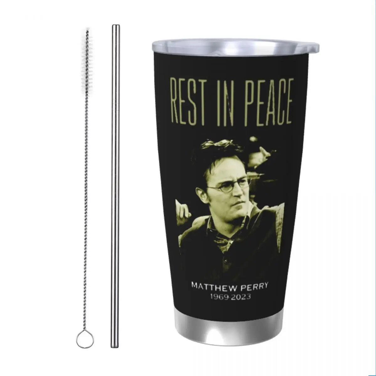 Rip Matthew Perry Rest In Peace Insulated Tumbler with Straws Vacuum Thermal Mug Double Wall Car Bottle Cups, 20oz