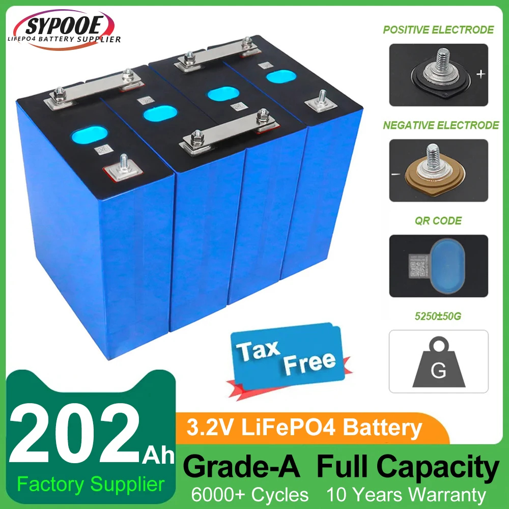 Grade-A 3.2V 200Ah LiFePO4 Battery 105Ah 280Ah 6000+ Cycles 100% Full Capacity with QR Code Studs Lithium Iron Phosphate Battery