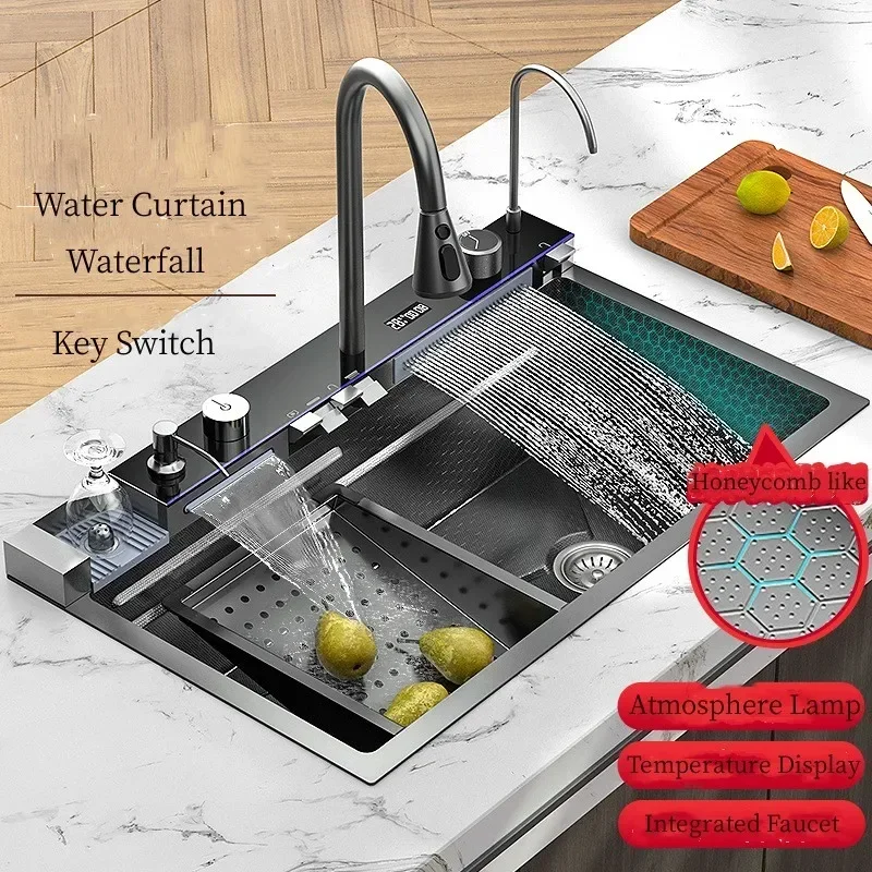 

304 Stainless Steel Kitchen Sink Double Waterfall Single Slot Integrated Digital Display Faucet Set Soap dispenser Cup Washer