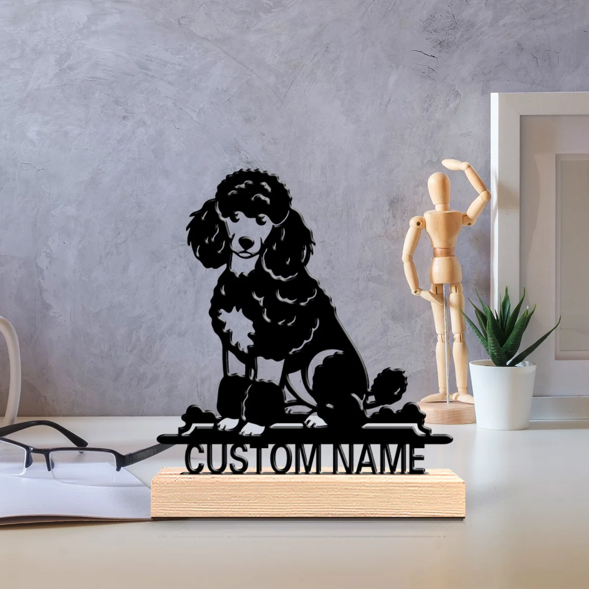 1pc Fun Personalized Custom Poodle Metal Statues Symbolic desktop decoration with wooden base gift male theme office