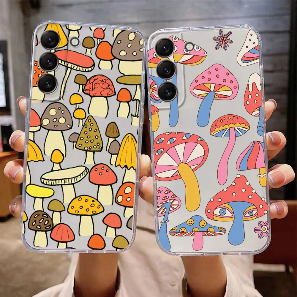 Funny Minimalist Graffiti Mushroom Phone Case for Samsung Galaxy S24 S23 S22 S21 S20 FE Ultra Plus Clear CoverS Art Fundas Shell