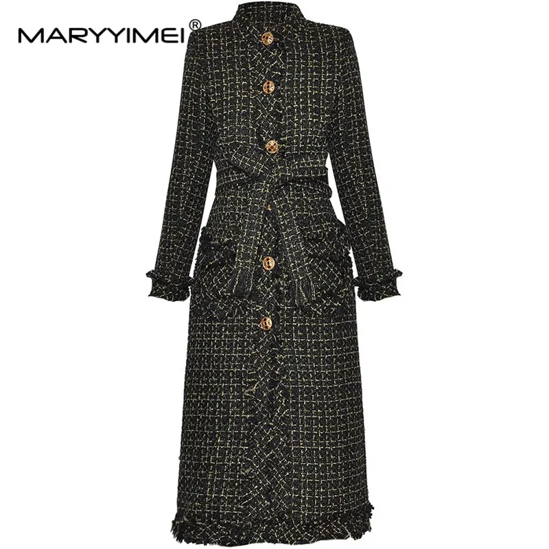 MARYYIMEI New Fashion Women\'s Autumn and Winter Coat Stand Collar Single-Breasted Long Sleeved Lace-Up Elegant Overcoat