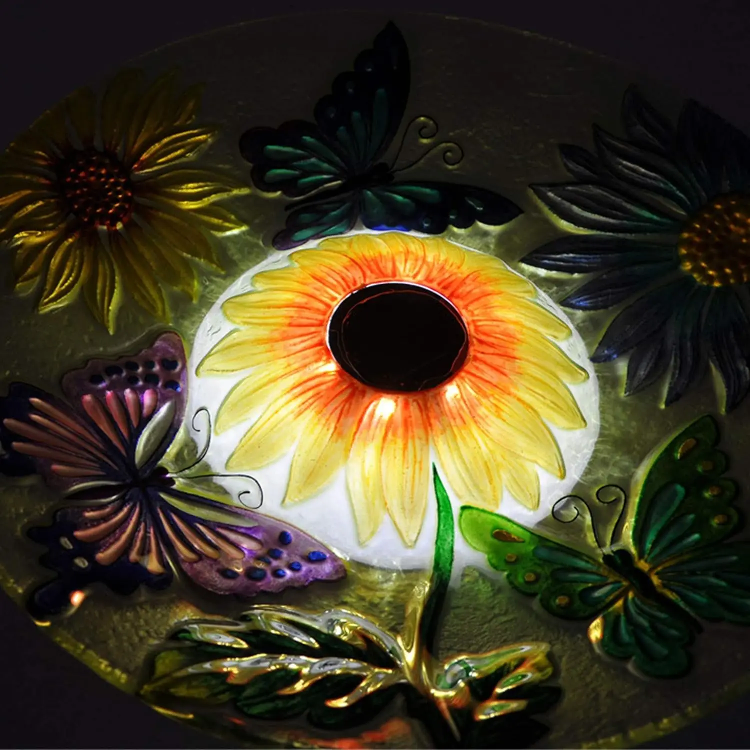Handpainted Butterfly Glass Solar Birdbath with LED Light for Outdoor Garden, 21 Inch Yellow
