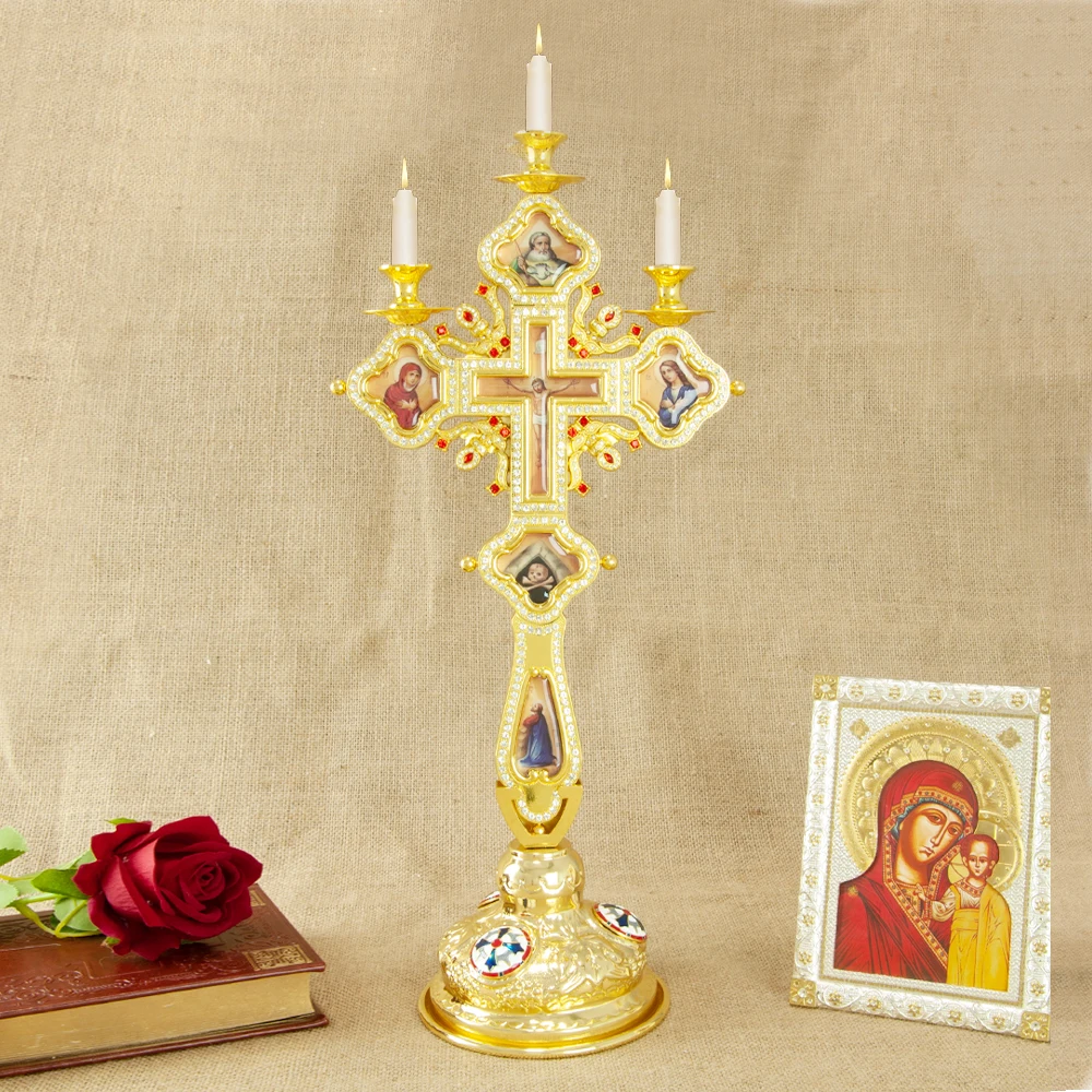 Religion Orthodox Cross Shape Taper Candle Holder Christian Easter Jesus Crucufux Cross Candlestick Altar Cross with Stand