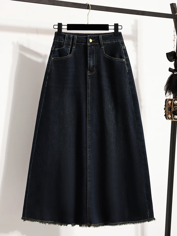 

Джинсовая юбка Deep Blue для женщин больших размеров, с высокой талией, скрывающая недостатки фигуры, средней длины, весна 2026, корейский стиль, повседневная, хлопковая, B...