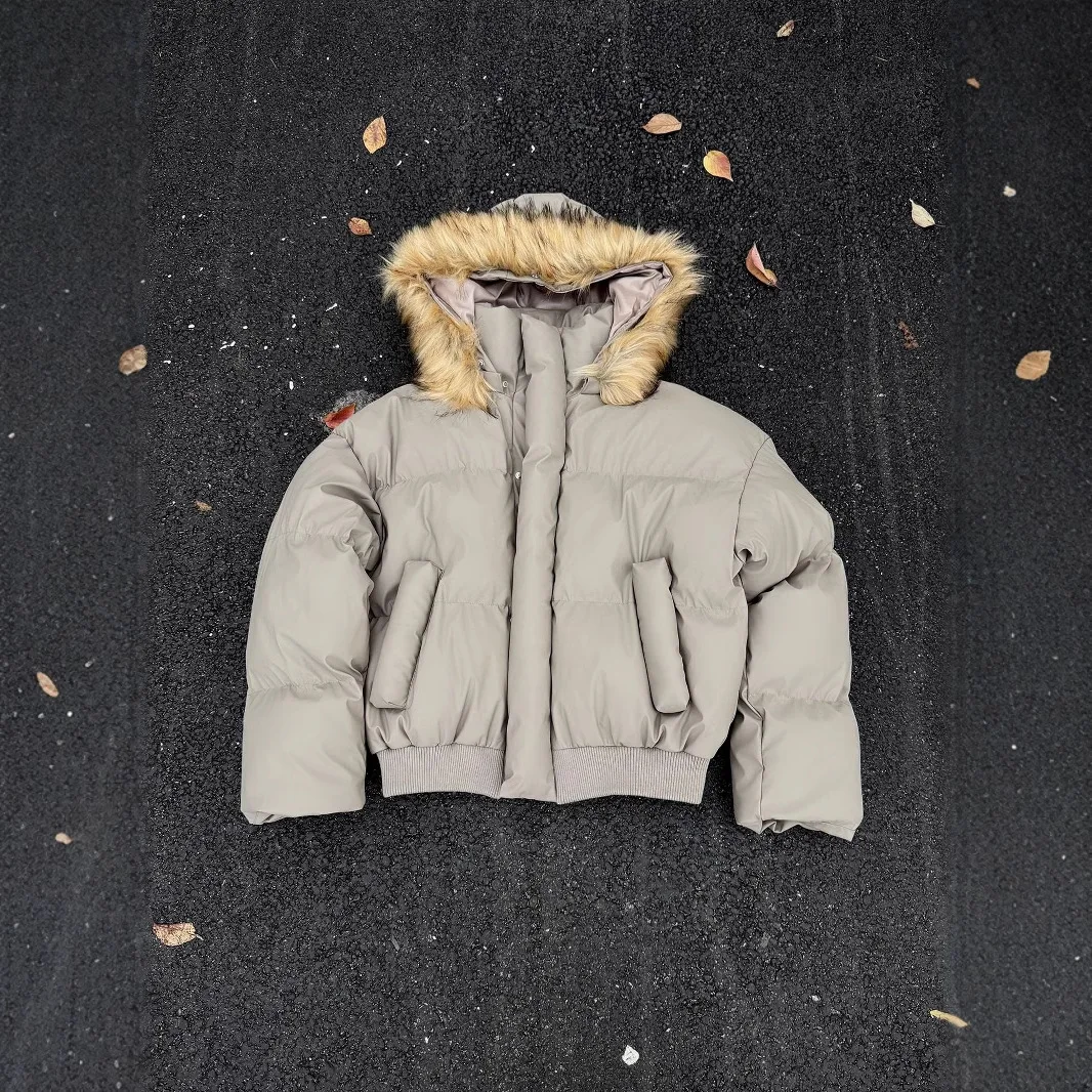 

Non-Detachable Fur Collar Hooded Luxury Cotton Jacket Men Thick Padded High-End Warm PU Leather Puffer Coat