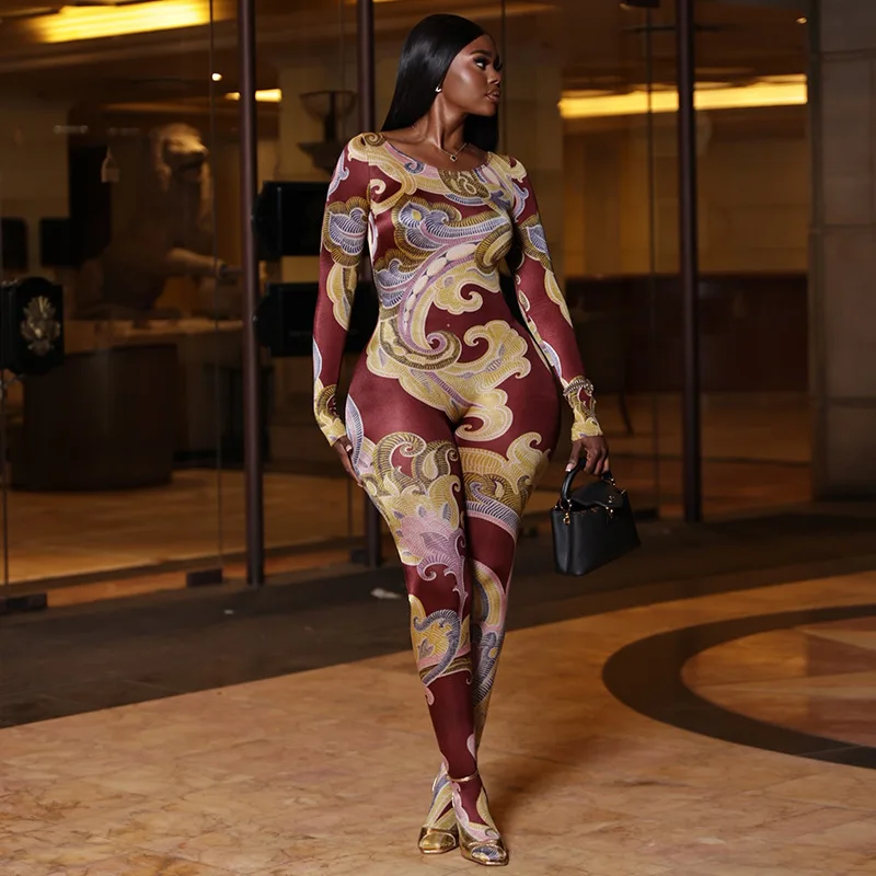 

Женские модные узкие комбинезоны с принтом, круглым вырезом и длинными рукавами, персиковые бедра, тонкие повседневные уличные комбинезоны, комбинезоны для ночного клуба