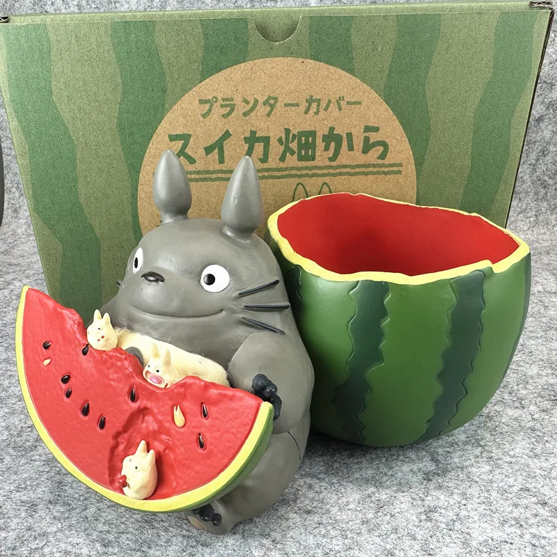 Mini Cute Totoro Watermelon Shaped Anime Figure Desktop Storage Collectible Doll Home Window Sill Decor Plant Pot Model Toy Gift