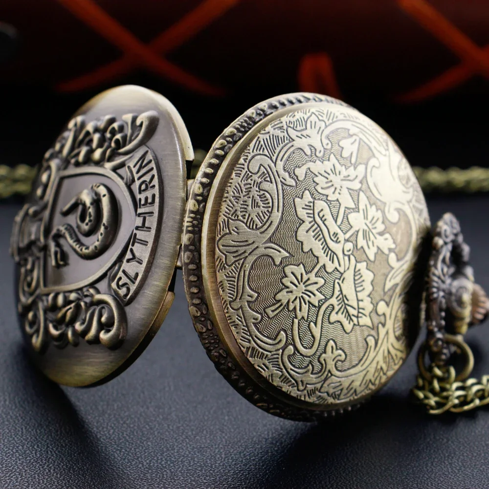 Vintage Quartz Pocket Watch  Bronze Time Necklace Clock Evil Magic Snake Badge Academy Pendant Best Gift for Men and Women Kids