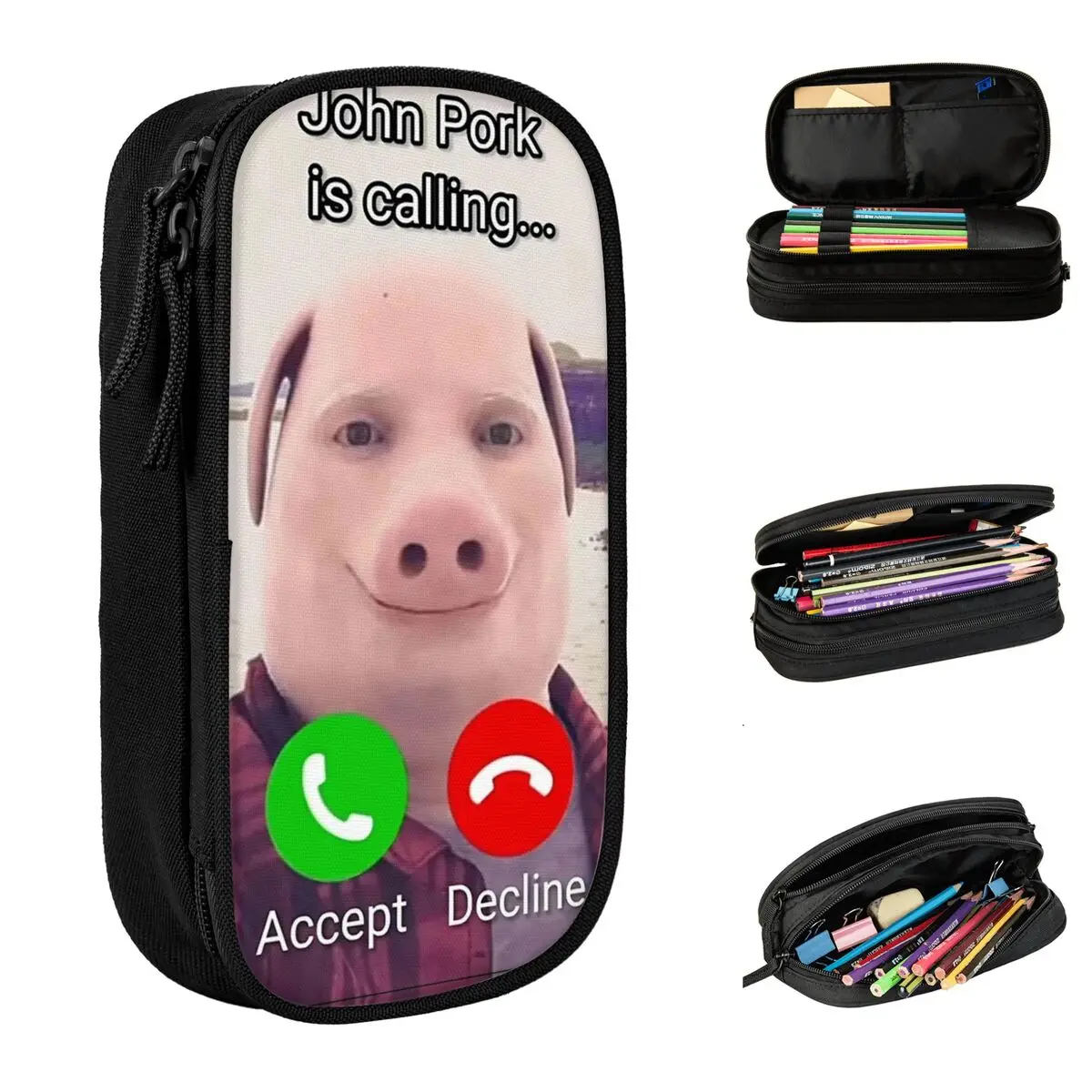 John Pork Is Calling Funny Meme Pencil Case Double Layer Large Capacity Kids School Supplies Pencil Case Stationery Gift