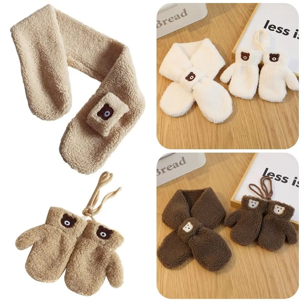 Bear Pattern Children's Plush Scarf Mittens Cartoon Push Fingerless Kids Mittens Gloves Infant Hand Warmers Children