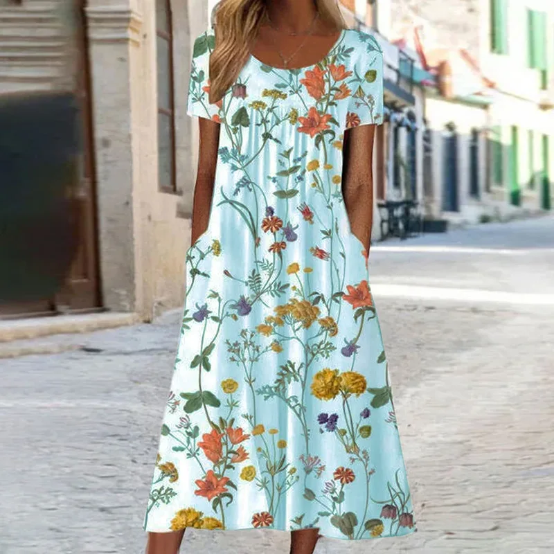 Women Vintage Floral Long Dress Boho Summer O Neck Casual Loose Pocket Short Sleeve Beach Party Dresses For Women Maxi Dress