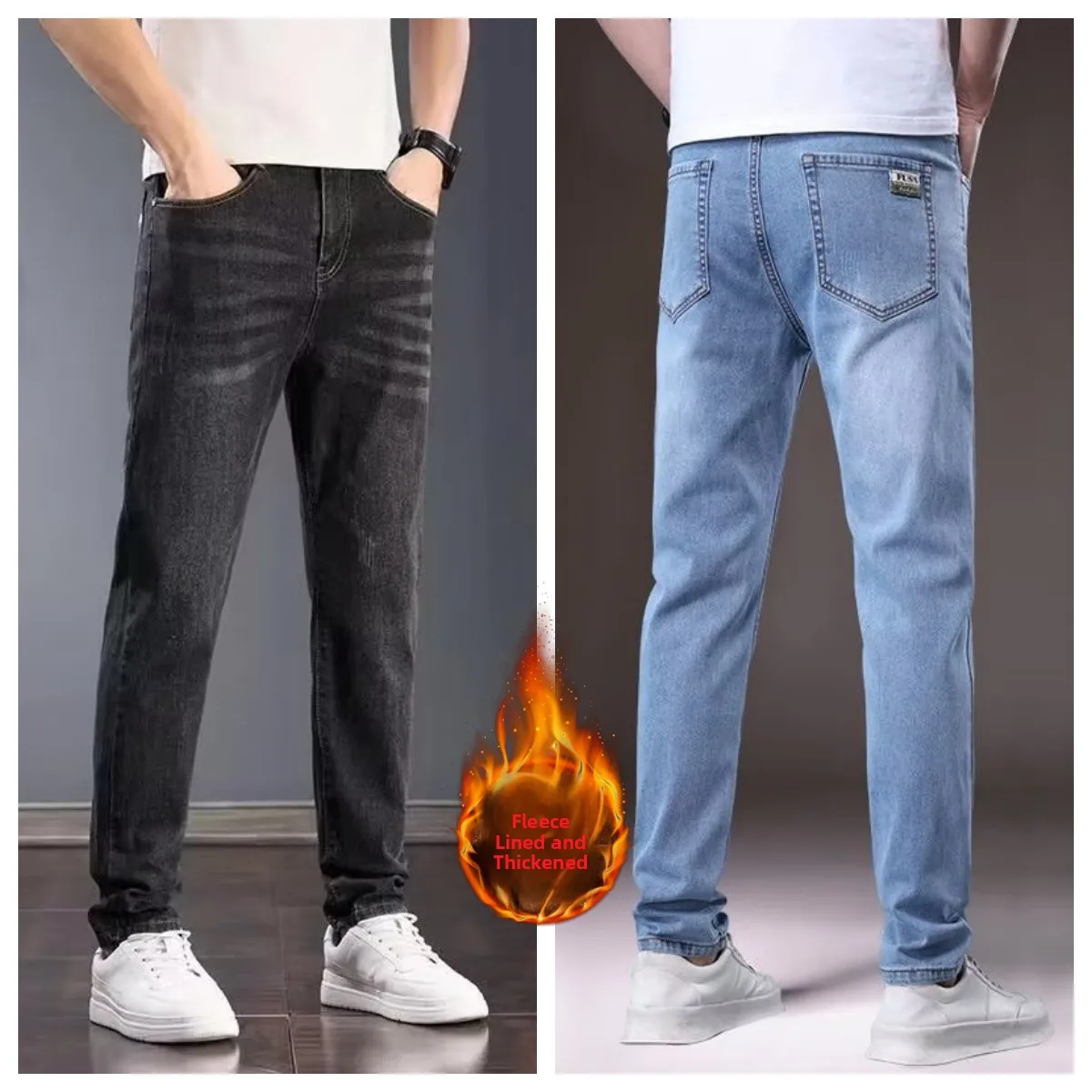 

Men's Fce Lined Thiened Jeans Autumn Winter High Waist Straight Leg Casual Wear Resistant Workwear Trousers Cotton Elastic