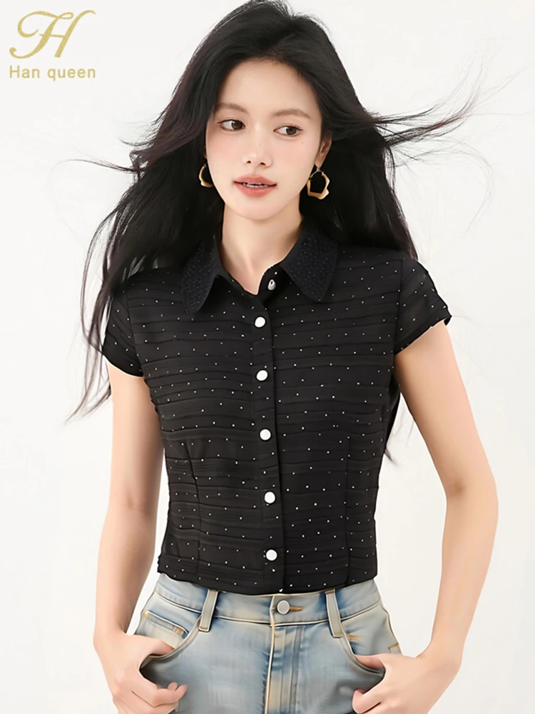 

H Han Queen 2025 Summer Short Sleeve Office Blouse Single Breasted Shirt Casual Tops Women Loose Blouses Korean Popular Clothes