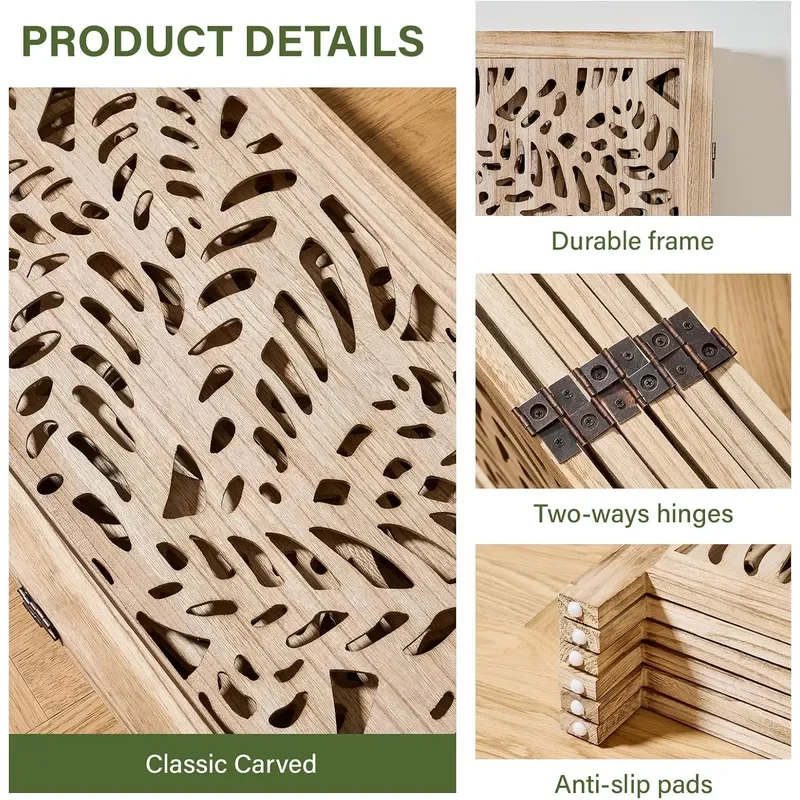 Leaf Carved Room Divider Privacy Screen 67 Inch Tall Foading Decorative Wood Screen Dividers Panel for Home Natural Wood Room