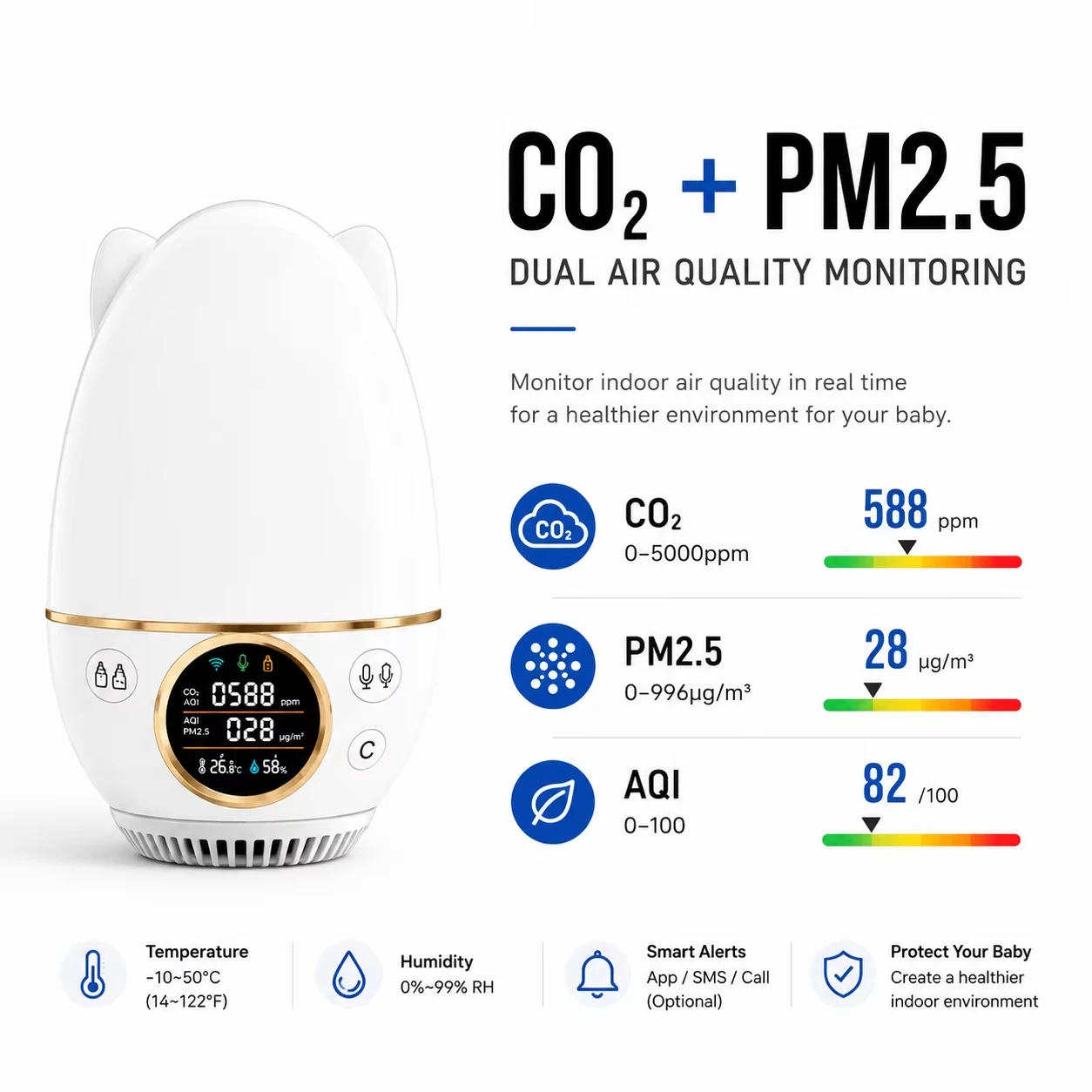 Smart Baby Monitor, Three Types Of Air Quality Testing CO₂, AQI, PM2.5 Feeding Tracker & Reminder, Soothing Light & Lullabies