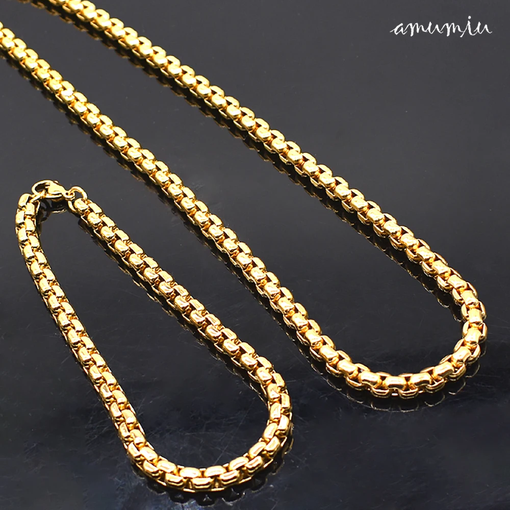 

AMUMIU 3mm Width 316L Women's Stainless Steel Jewelry Set For Women Men Fashion Chains Necklace Bracelet Gold Color Sets HZTZ132