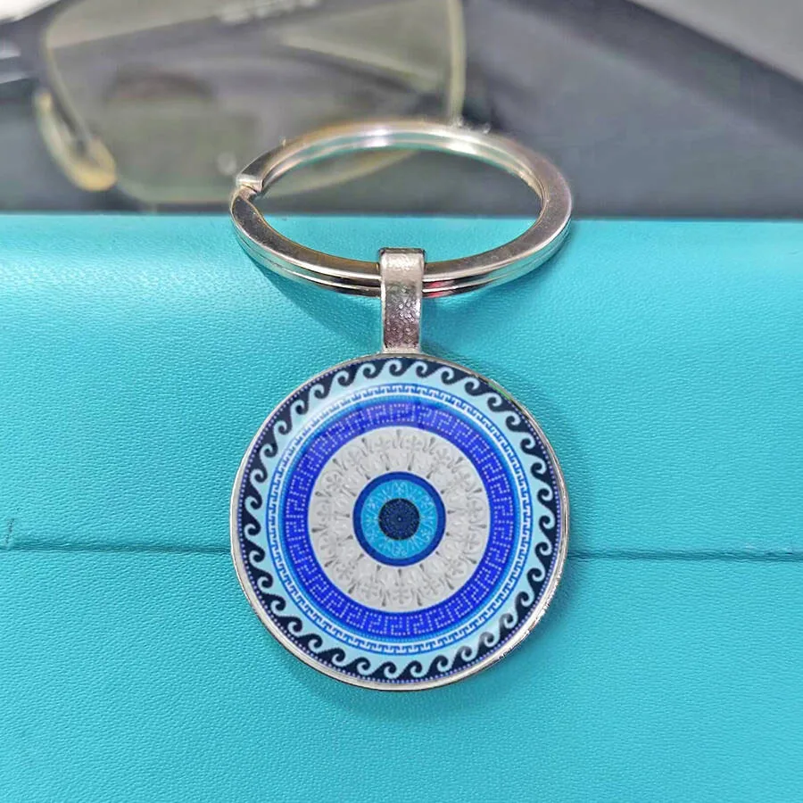 New Blue Evil Eye Religious Pattern Round Glass Cabochon Keychain Protective Jimat Amulet Auto Bag Hanging Pendant Gift