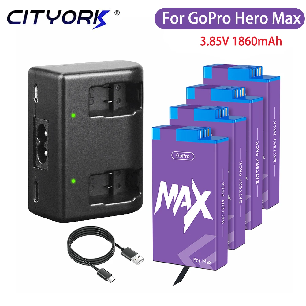 Gopro Max Battery Go Pro Hero Max 360 Action Rechargeable Camera Battery with LED Type-C Charger for Panoramic 1860mAh Batteries