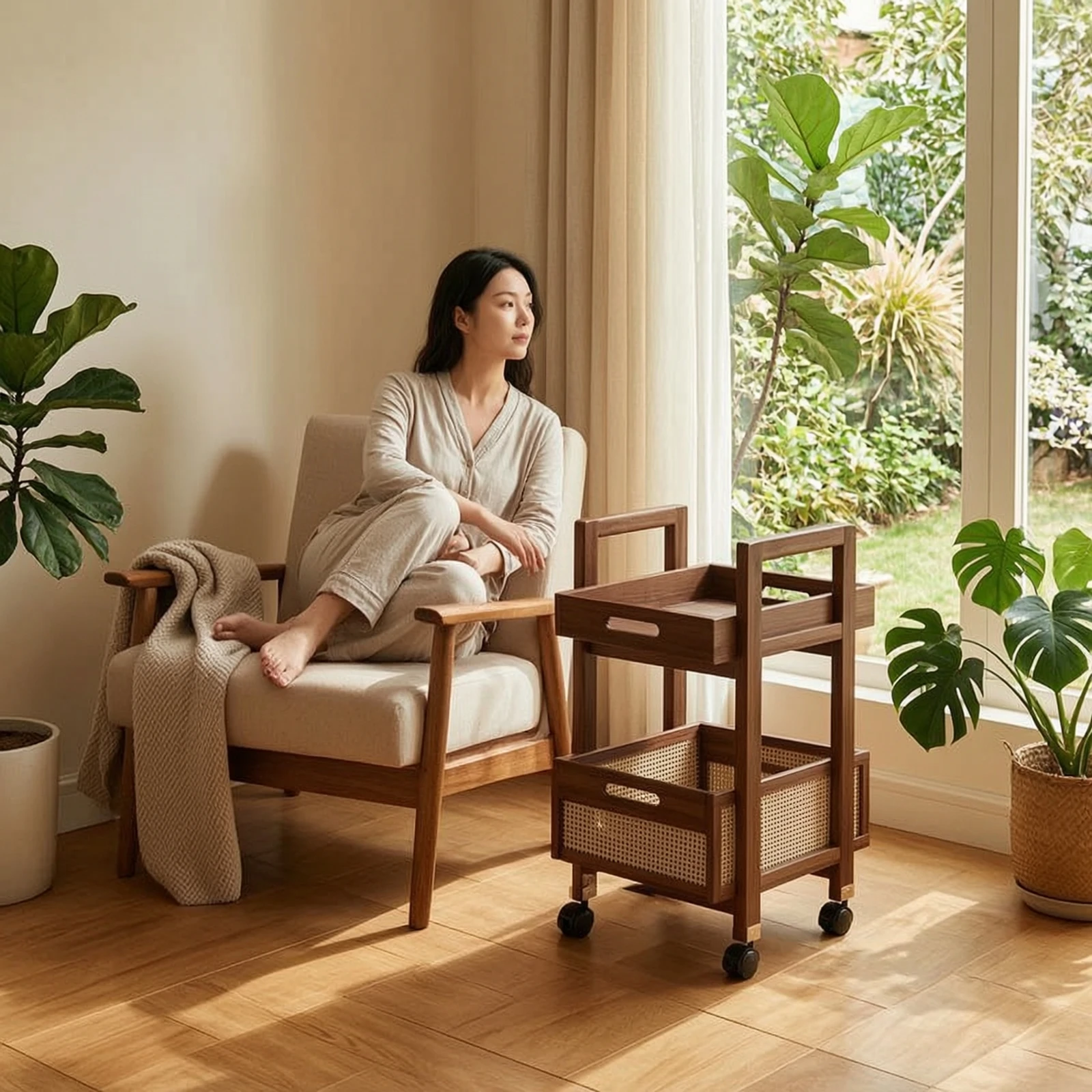 Rolling Cart with Rattan Basket Compact Side Table with Wheels End Table with Wheels Multi-Functional Two-Tier Utility Cart