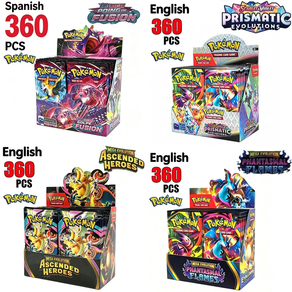 HOT -60-360Pcs English Spanish Pokemcard Stined Rivals Prismatic Evolutions Card Stellar Crown 151 Ultra Prism Mega Evolution