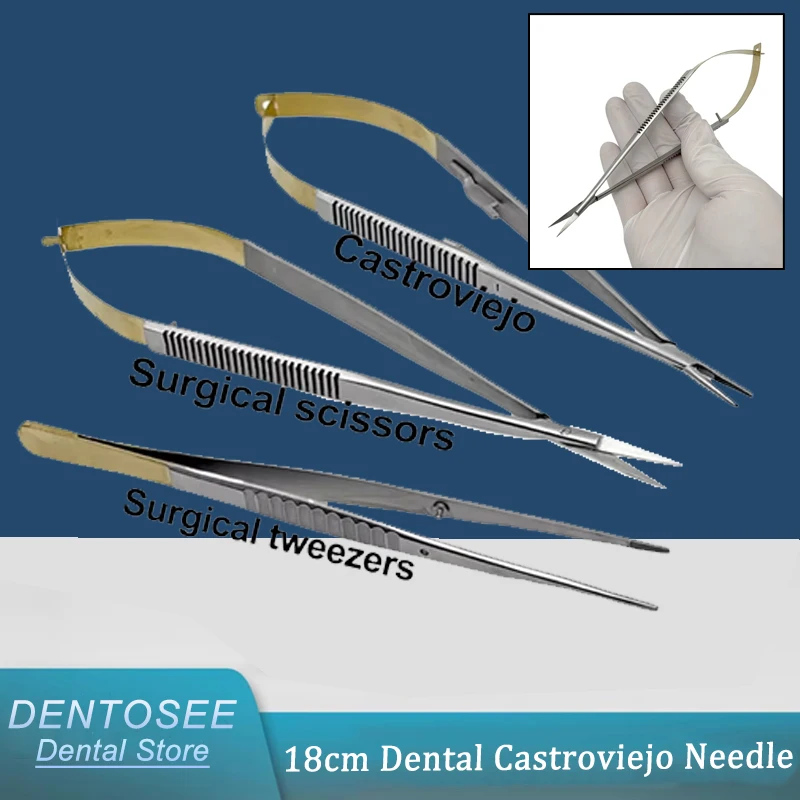 

18cm Dental Castroviejo Needle Holder with Implant Forceps & Surgical Scissors for Orthodontic Tools