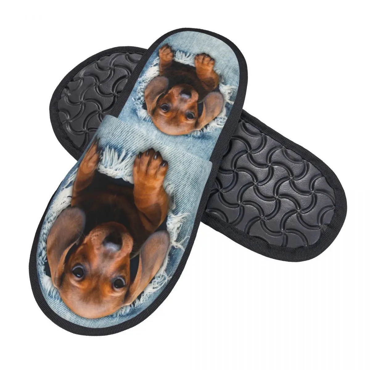 Custom Dachshund Dog Torn Jean Comfort Scuff With Memory Foam Slippers Women Wiener Badger Sausage Dog Bedroom House Shoes