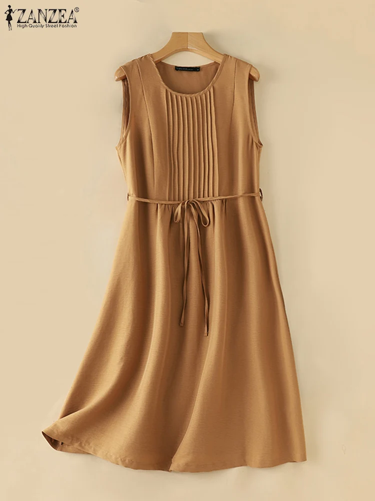 ZANZEA Women Round Neck A-lin Midi Dress Korean Casual Tank Robe Casual Solid Pleated Vestidos 2024 Summer Sleeveless Sundress