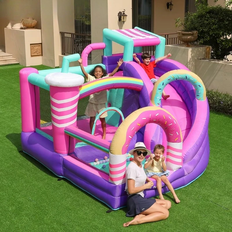 Candy Donut Themed Inflatable Bounce House, Kids Bouncy Castle with Slide Ball Pit Oxford Fabric Backyard Playground Toy