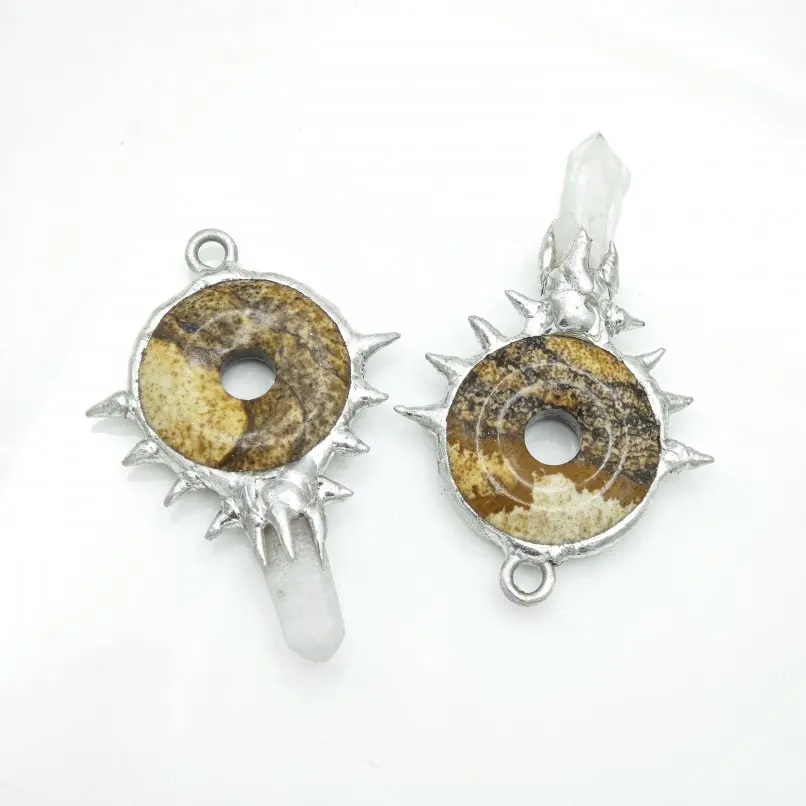 

10Pcs Free Form Pillar Point Soldered Pendant Semi-precious Stone Clear Crystal Picture Jasper Handmade Jewelry