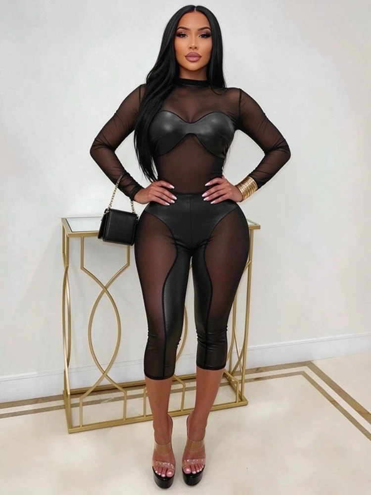 FDYOUI Mesh Patchwork Jumpsuits for Women Sexy Long Sleeve See-through Night Club Overalls Female Slim One Piece Party Jumpsuits