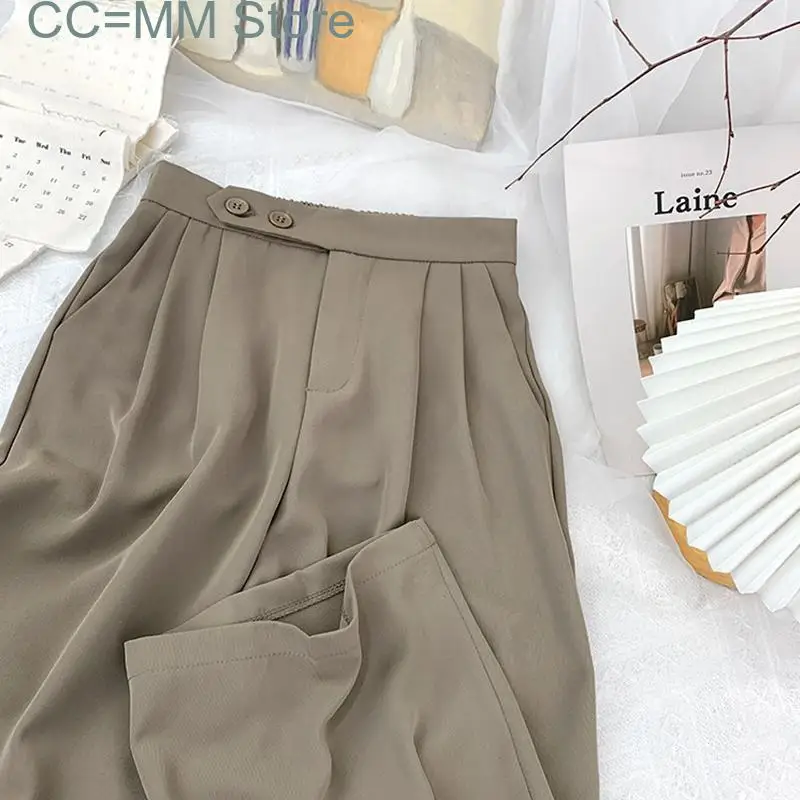 

New High Waisted Suits Wide Leg Pants for Women Elegant Office French Style Full Length 2 Buttons Straight Trousers