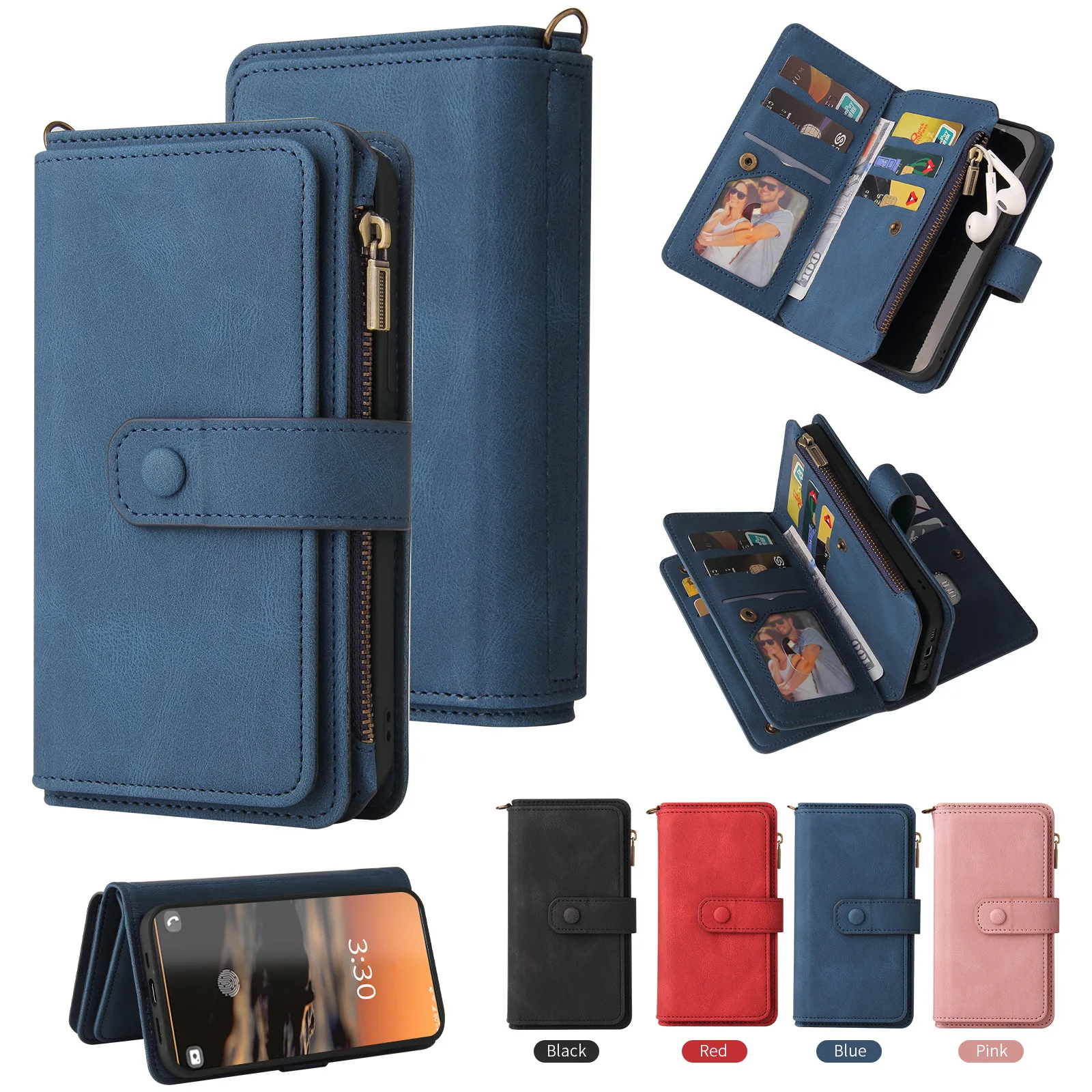 

Роскошный чехол для телефона с застежкой-молнией и ремешком для Mi Xiaomi Poco M6 Pro M5s M4 M3 X6 X5 X4 Gt F4 F3 Кожаный чехол-кошелек с карманом для карт и книг